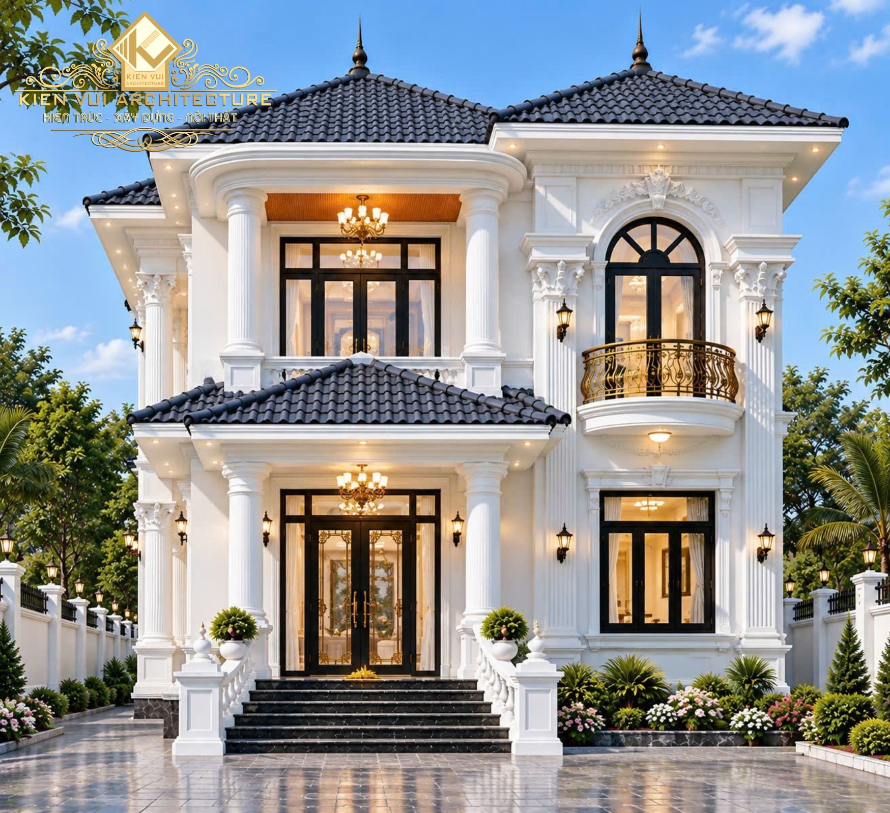 Mặt tiền chính diện biệt thự hai tầng với mái ngói xám, ban công cửa vòm và bậc tam cấp lên sảnh.