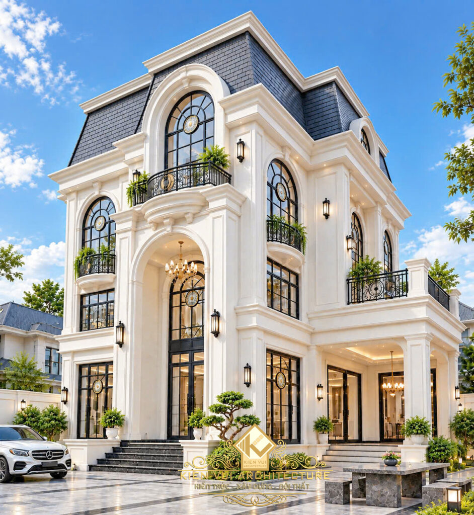 Biệt thự 3 tầng mái Mansard nhìn từ sân trước với mặt tiền trắng kem