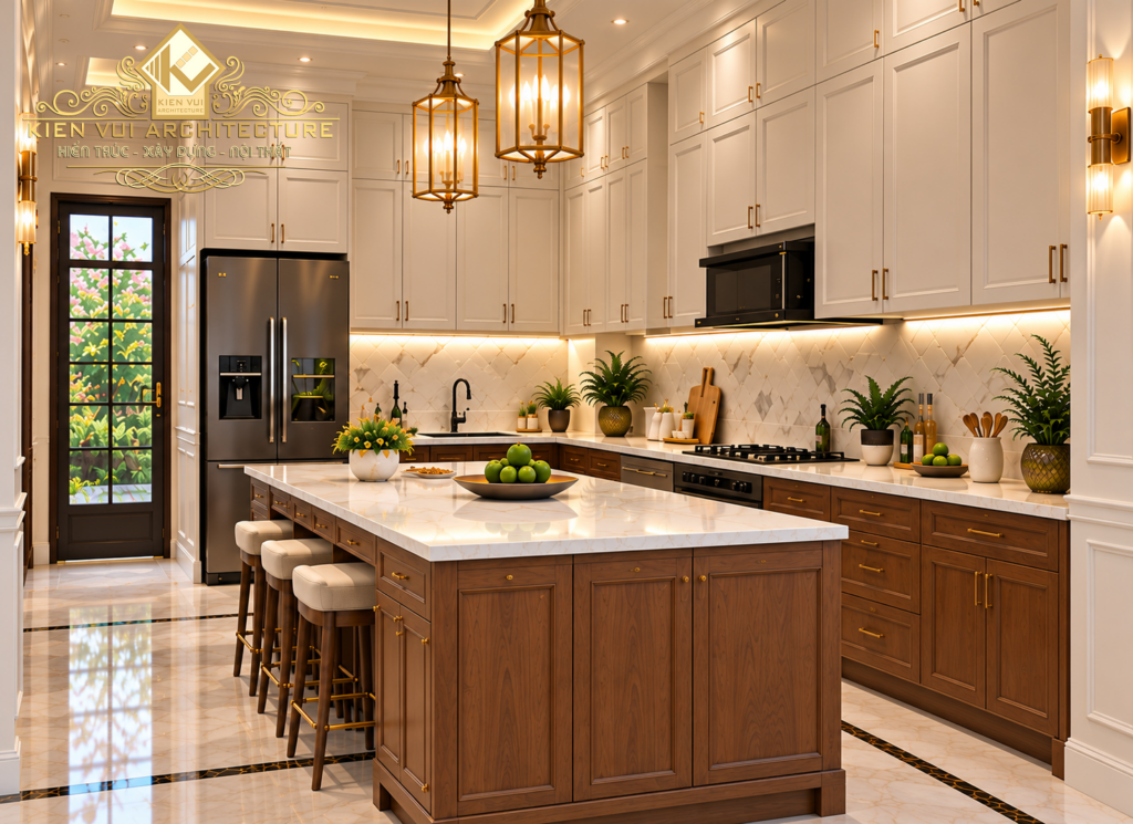 Thiết kế bếp biệt thự với đảo bếp mặt đá, tủ gỗ và đèn thả phía trên