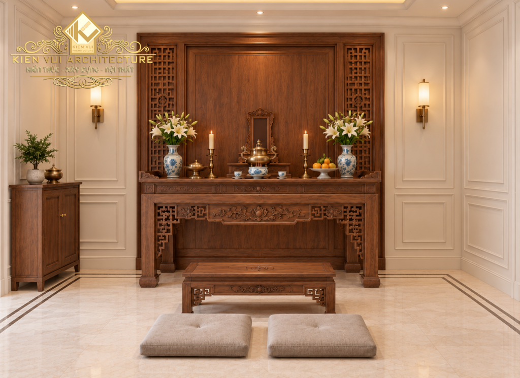 Phòng thờ biệt thự với bàn thờ gỗ, vách trang trí và đệm quỳ phía trước