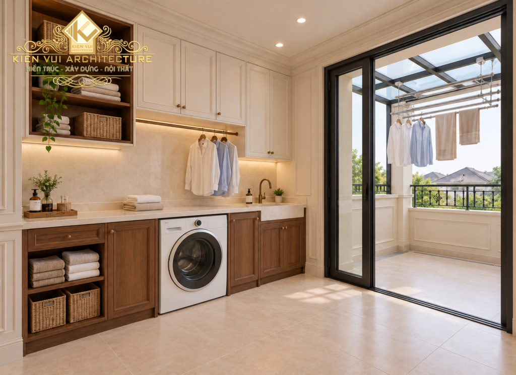 Phòng giặt biệt thự với máy giặt dưới mặt bàn, tủ lưu trữ và cửa kính mở ra ban công