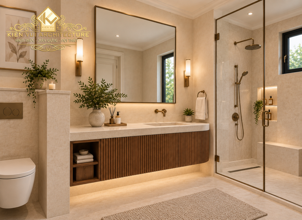 Góc nhìn nghiêng phòng tắm với lavabo đôi, gương lớn và vách kính khu tắm đứng