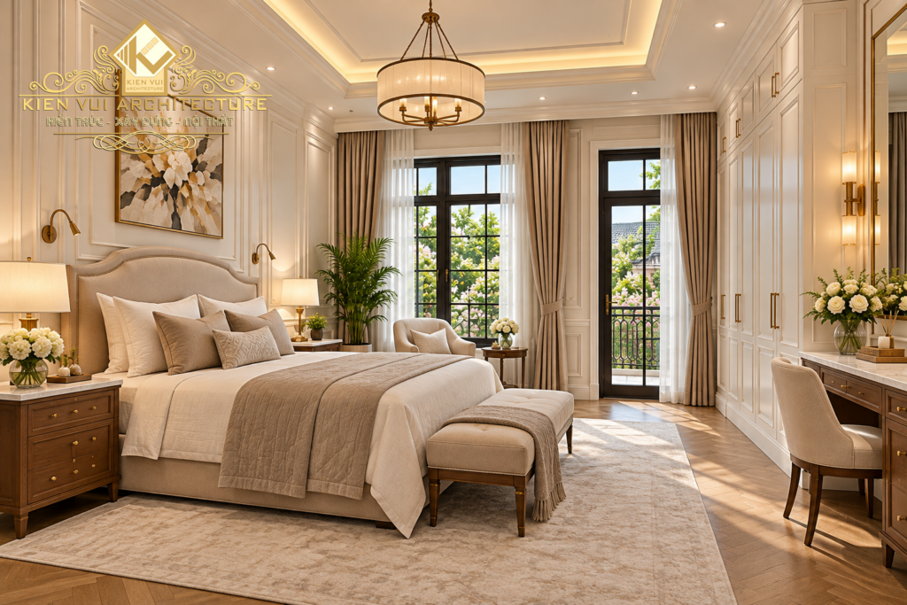 Góc nhìn từ phía cuối giường trong phòng ngủ master với ghế thư giãn và cửa sổ lớn