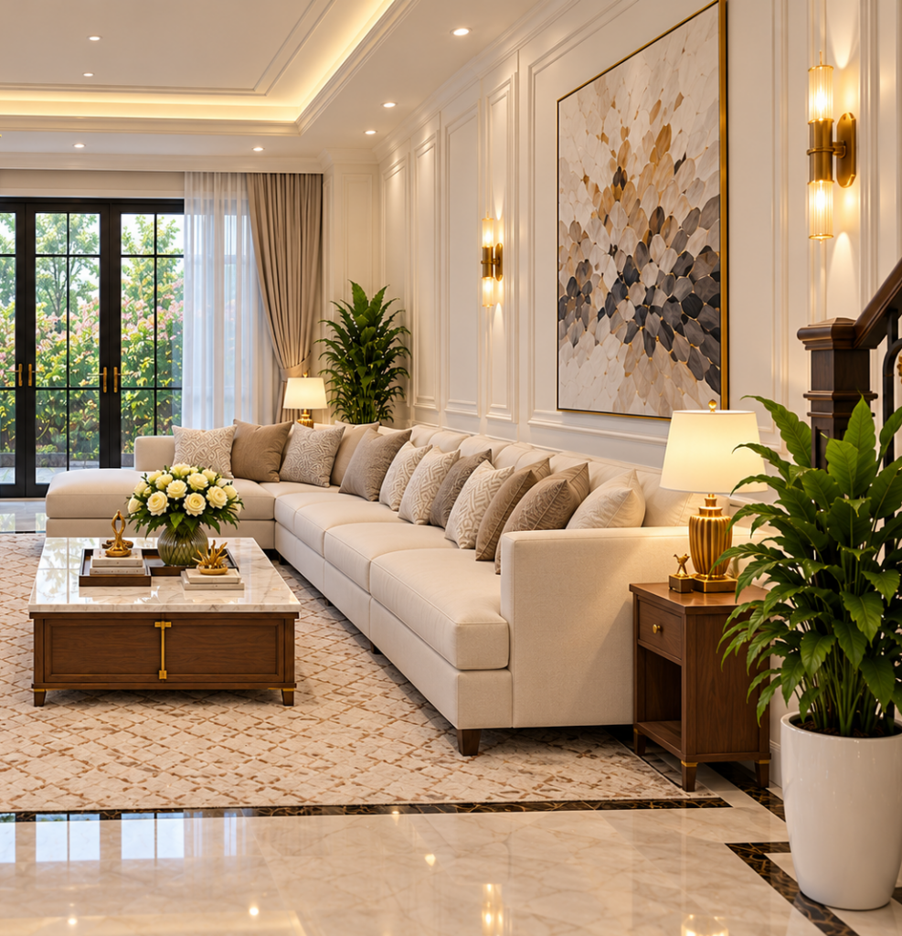 Thiết kế phòng khách biệt thự với sofa màu kem, bàn trà trung tâm và kệ tivi gỗ