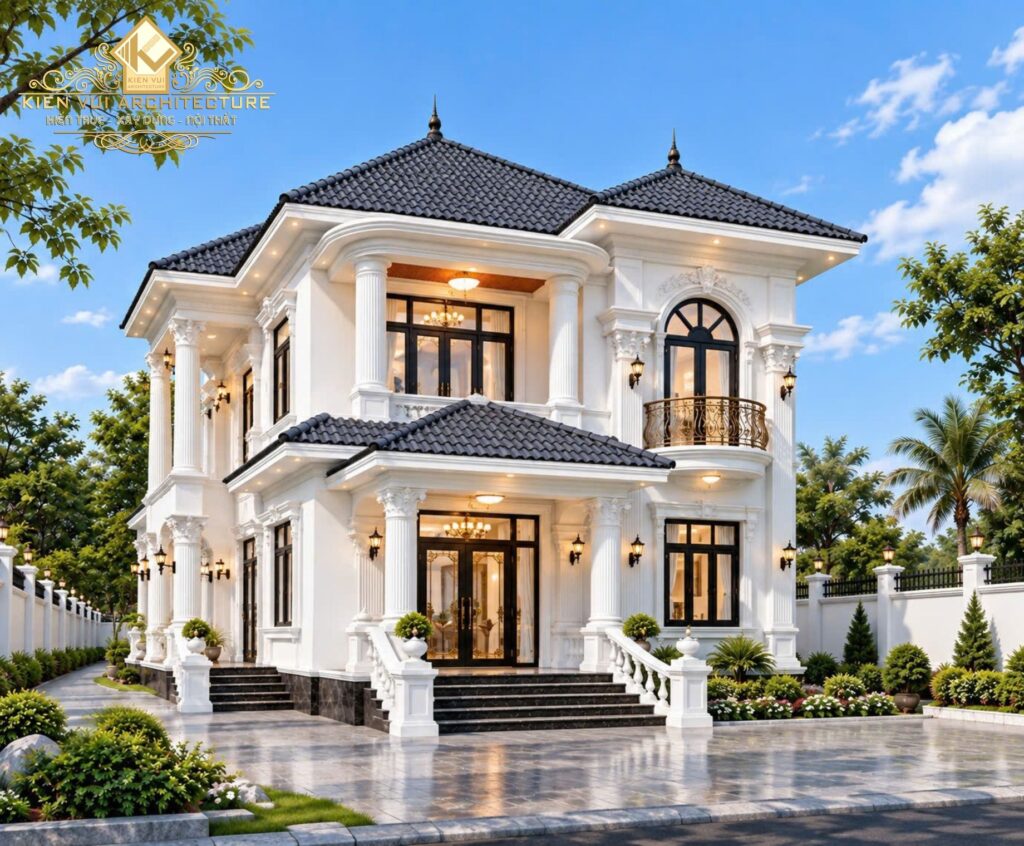 Góc nghiêng biệt thự hai tầng tân cổ điển với cột sảnh, ban công và hệ mái ngói nhiều lớp.