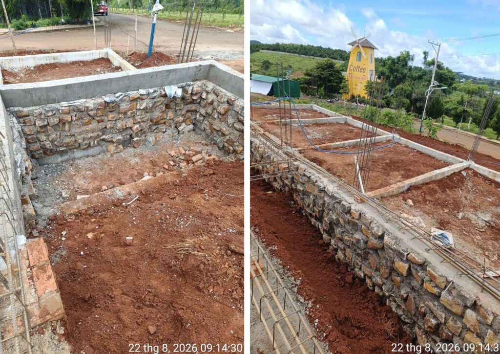 Tuyến bê tông phía trên phần xây đá tại khu vực nền và Toàn cảnh các tuyến kết cấu phân chia mặt bằng ở khu vực nền.