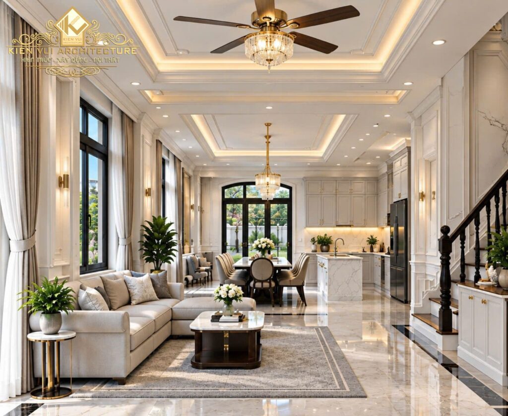 Phòng khách biệt thự với sofa màu kem, bàn trà, quạt trần và không gian bếp ăn liên thông phía sau.