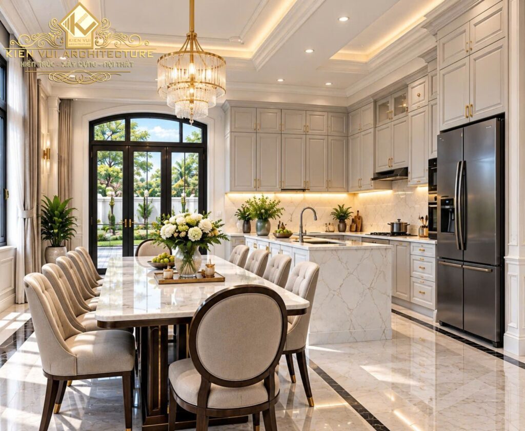 Khu bếp ăn biệt thự với bàn ăn mặt đá, ghế tựa tròn, tủ bếp màu kem và tủ lạnh bên phải.