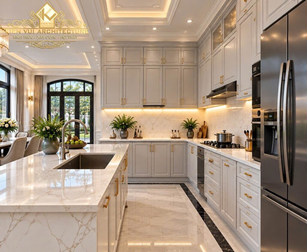 Góc cận bếp với đảo bếp mặt đá, chậu rửa, hệ tủ kem và tủ lạnh hai cánh màu tối.