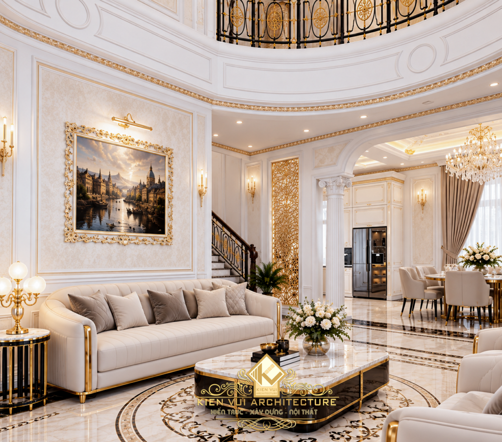 Bộ sofa màu kem và bàn trà tối màu trong phòng khách biệt thự
