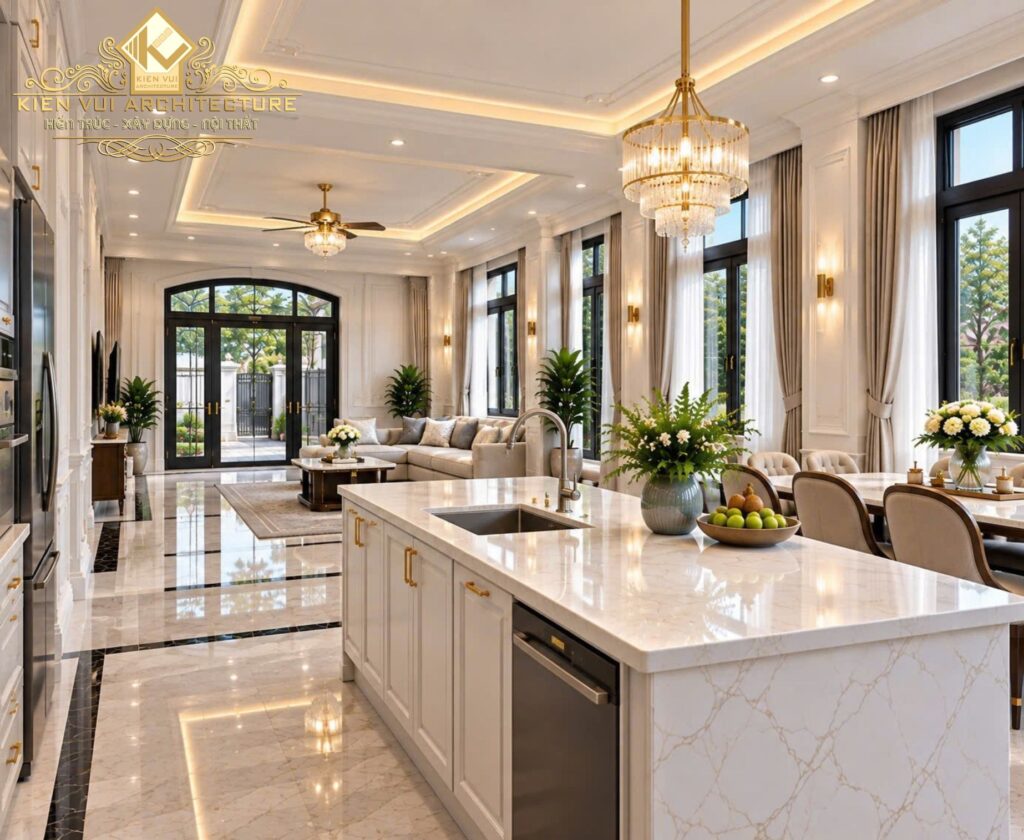 Góc nhìn từ bếp ra phòng khách với đảo bếp mặt đá, bàn ăn và cửa kính lớn dọc bên hông nhà.