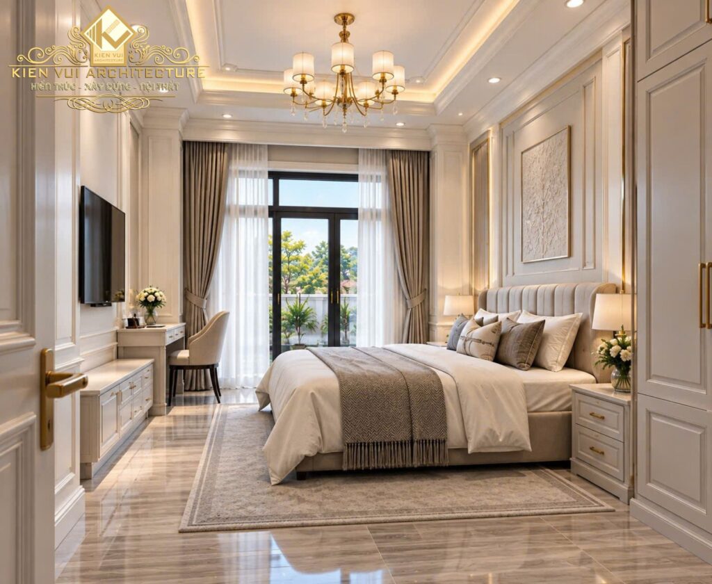 Phòng ngủ tông kem với giường bọc nệm, đèn chùm, bàn trang điểm và cửa kính có rèm hai lớp.