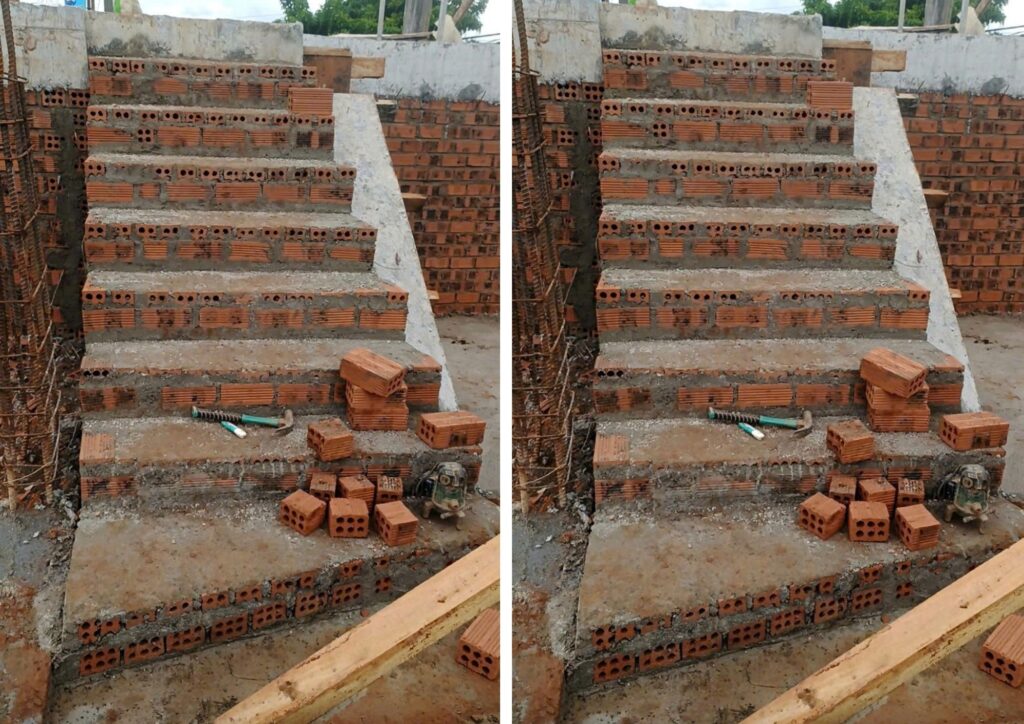Cầu thang bê tông và phần xây gạch đang được triển khai trong công trình.