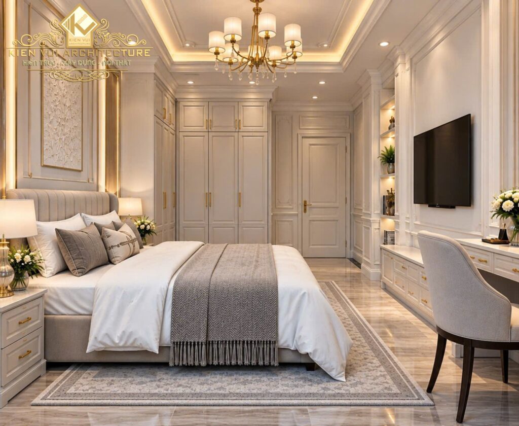 Góc nhìn từ cửa vào phòng ngủ với giường nệm, bàn trang điểm, tivi và hệ tủ áo phía cuối phòng.