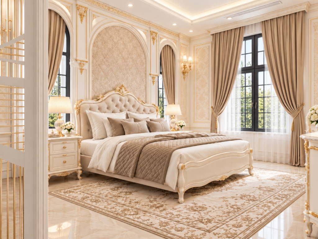 Phòng ngủ tông kem và taupe với giường bọc nệm cạnh cửa sổ cao