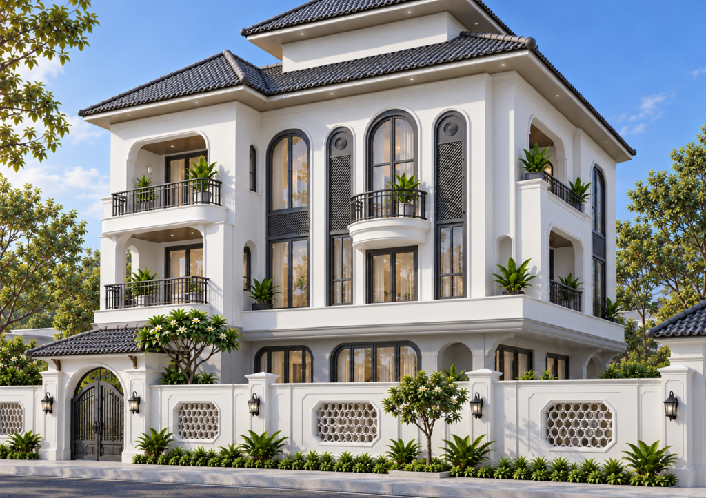 Góc nhìn từ cổng lên mặt tiền biệt thự với cửa vòm cao và tường trắng