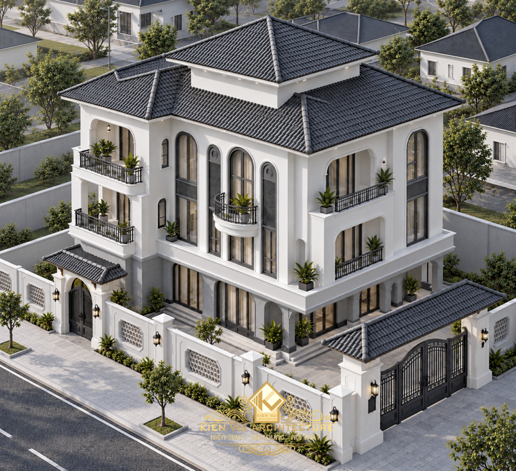 Phối cảnh góc chéo biệt thự Indochine với mái nhiều lớp và ban công trồng cây
