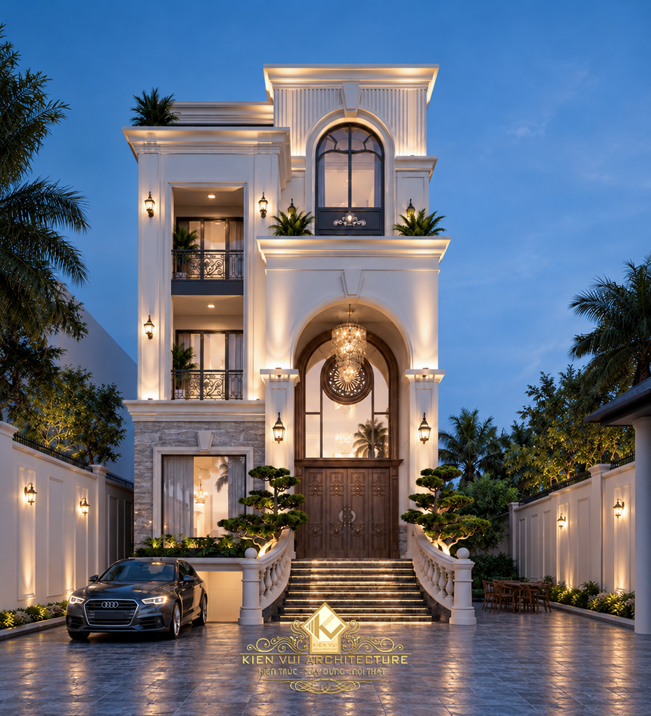 Mặt tiền biệt thự phố tân cổ điển lúc chạng vạng với đèn hắt tường, cửa vòm và sân lát đá.