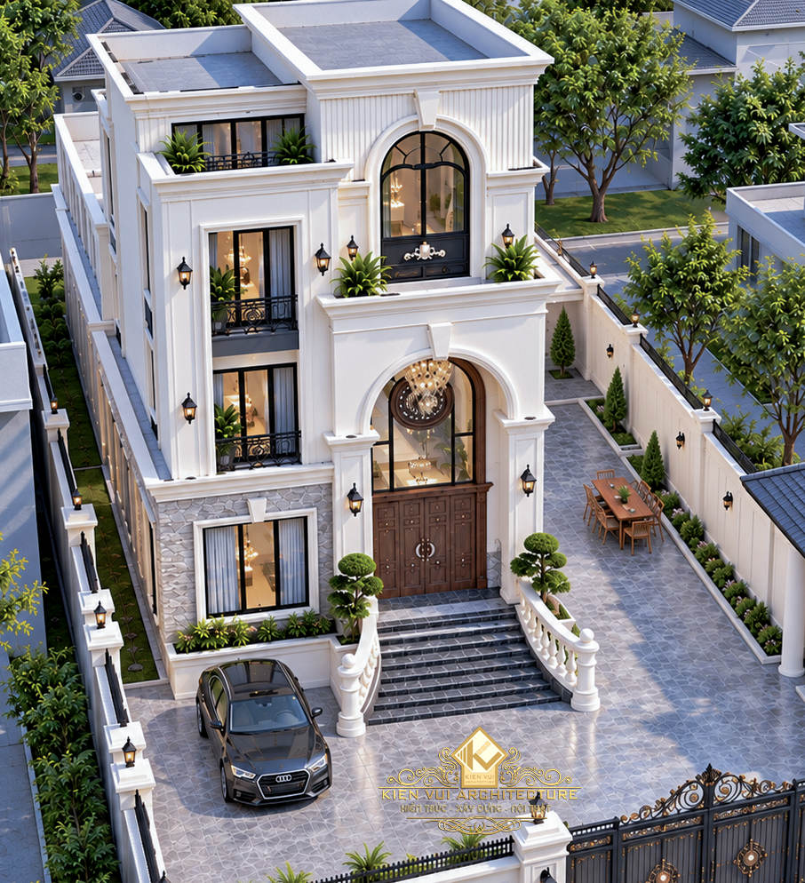 Phối cảnh từ trên cao biệt thự phố với ban công, cửa vòm, sân trước đỗ ô tô và cổng rào.