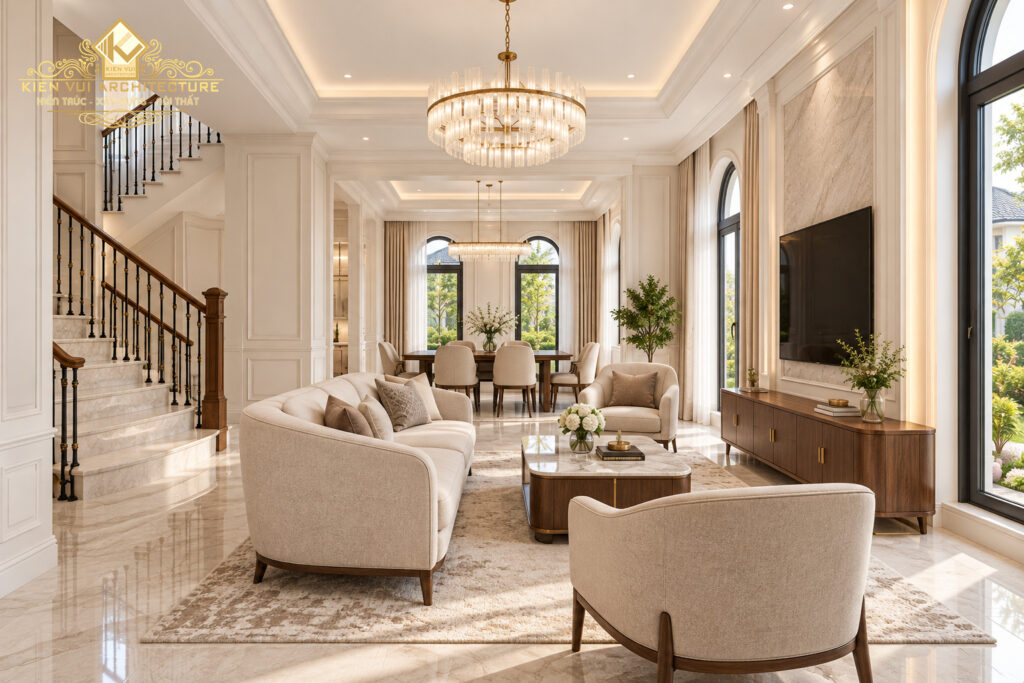 Phòng khách biệt thự với sofa kem, cầu thang bên trái và phòng ăn phía sau