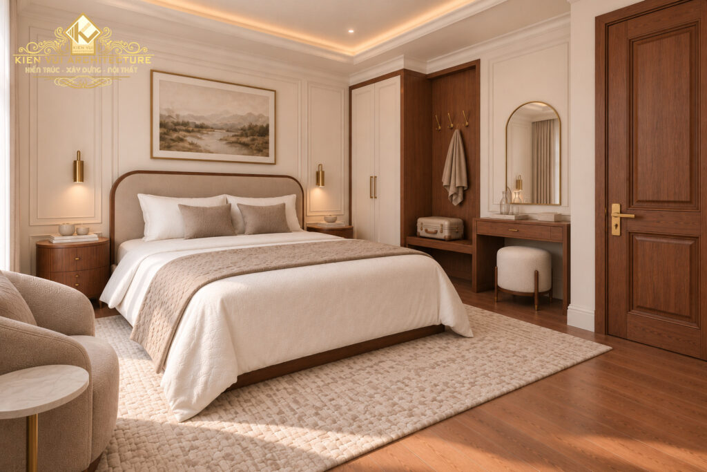 Phòng ngủ biệt thự tông kem và nâu với bàn trang điểm, tủ quần áo và cửa gỗ