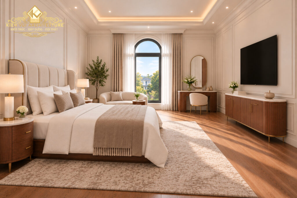 Phòng ngủ biệt thự với giường bọc nệm, sàn gỗ và cửa sổ vòm đón sáng
