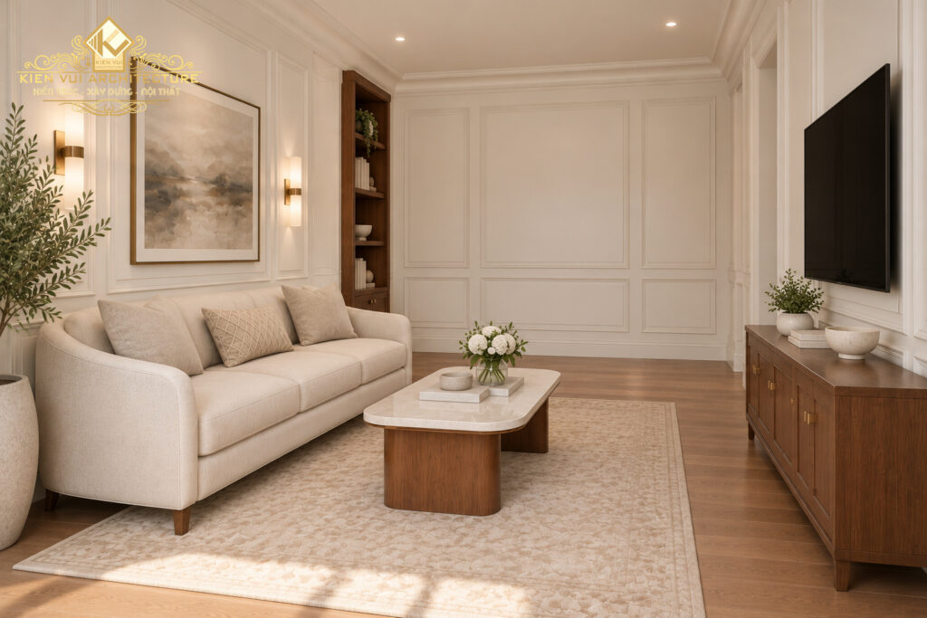 Phòng sinh hoạt biệt thự với sofa kem, bàn trà gỗ và kệ tivi