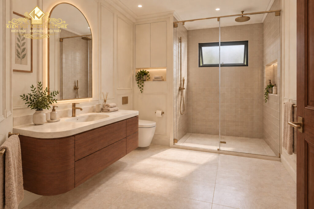 Phòng tắm biệt thự với gương vòm, tủ lavabo gỗ nâu và khu tắm kính