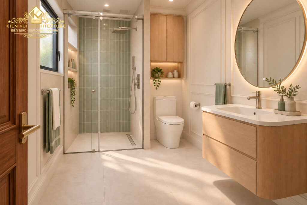 Phòng tắm biệt thự nhìn từ cửa vào với gương tròn, lavabo và vách tắm kính