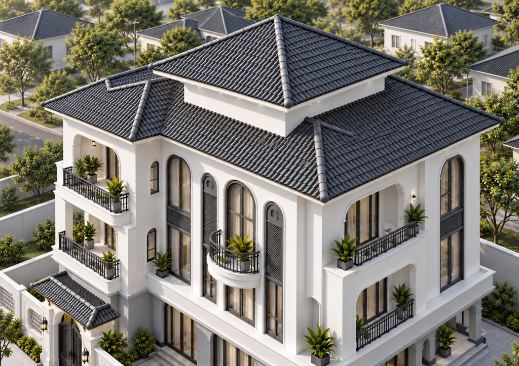 Phối cảnh biệt thự Indochine nhìn từ trên cao với mái ngói tối màu và hàng rào trắng