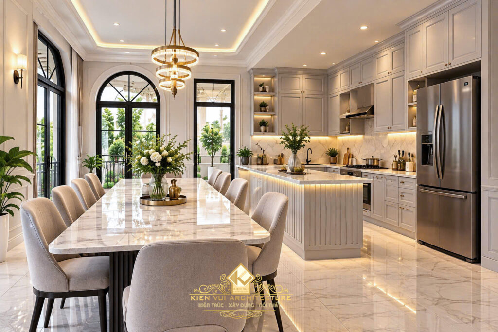 Bếp ăn biệt thự với bàn mặt vân đá, tủ sáng màu và cửa kính vòm