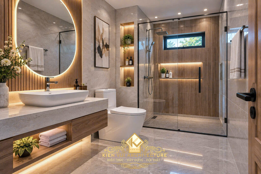 Phòng tắm tông be với gương bo tròn, lavabo đặt bàn và buồng tắm kính