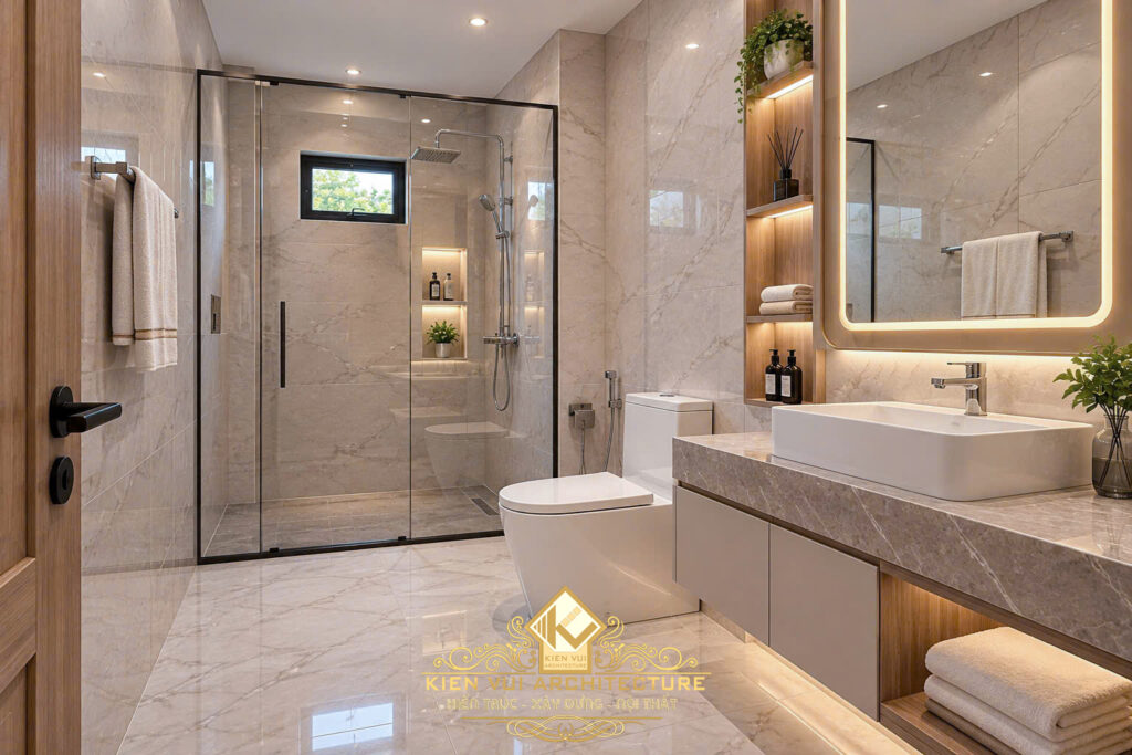 Phòng tắm với gương chữ nhật có đèn viền và khu tắm kính cạnh cửa sổ
