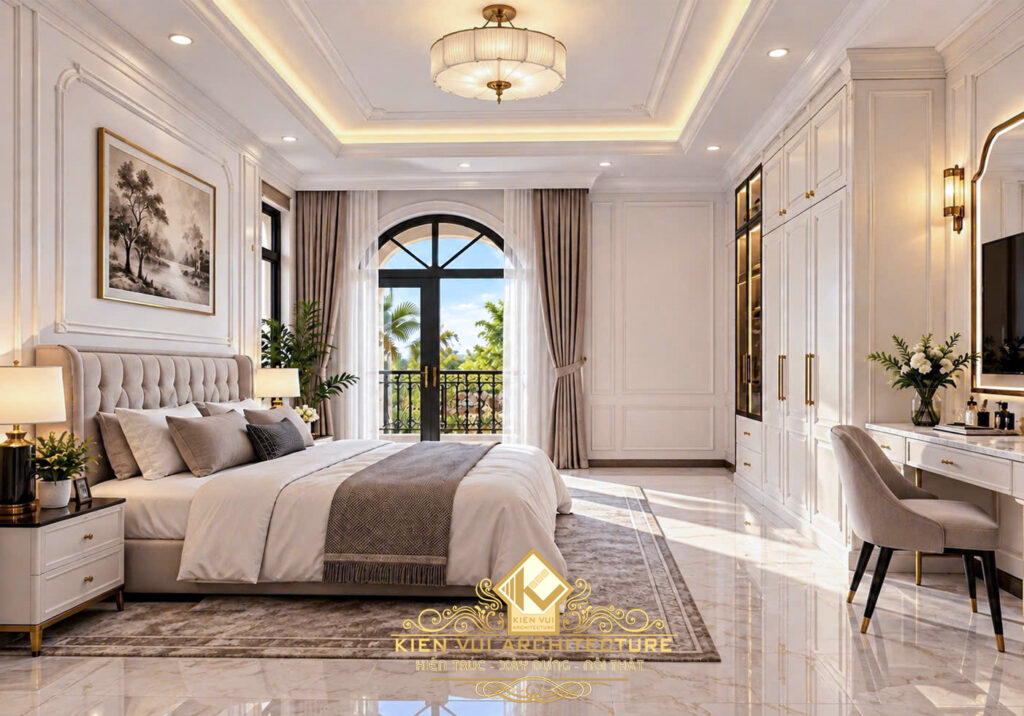 Phòng ngủ biệt thự tông kem với giường bọc nệm và cửa vòm ra ban công