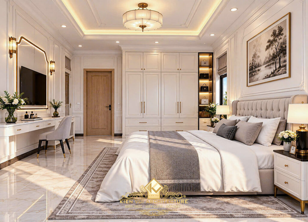 Góc phòng ngủ nhìn về tủ quần áo sáng màu và bàn trang điểm