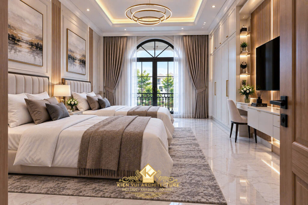 Phòng ngủ với giường bọc nệm, mảng tivi tông gỗ và cửa kính vòm