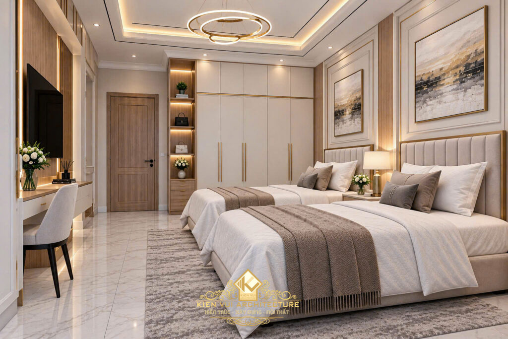 Góc phòng ngủ với hệ tủ cao, giường sáng màu và đèn trần dạng vòng