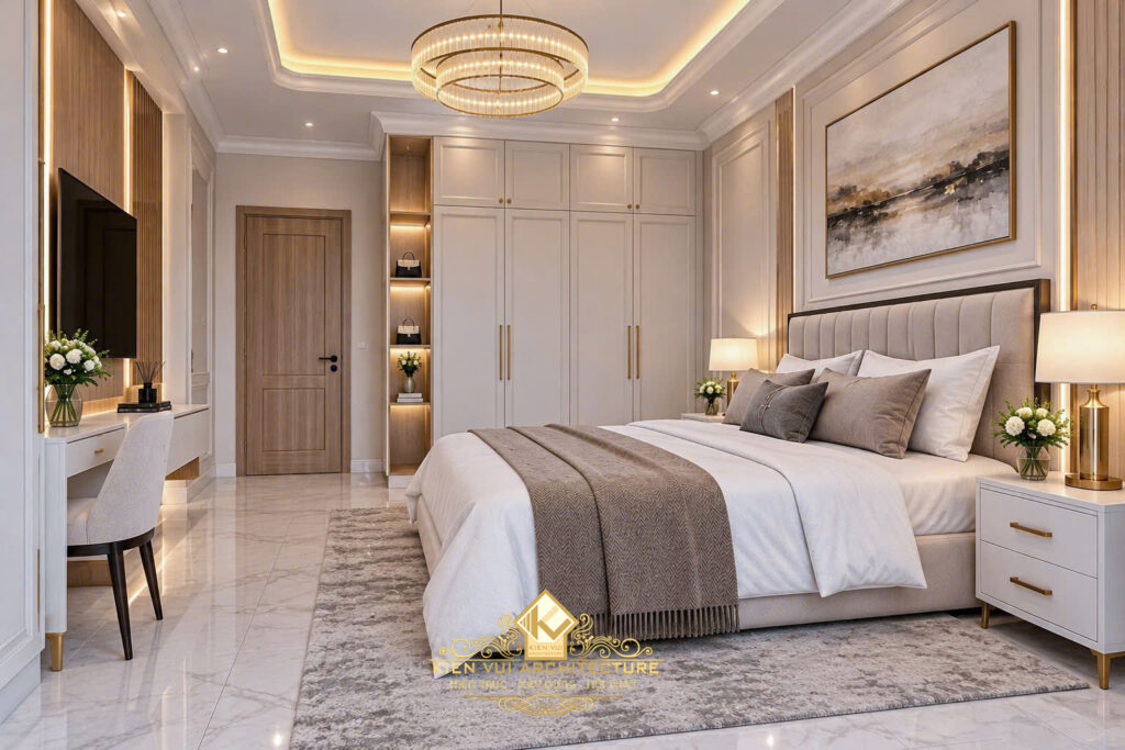 Nội thất phòng ngủ màu kem và nâu xám với mảng đầu giường trang trí