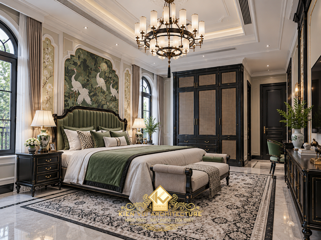 Phòng ngủ Indochine với đầu giường xanh, tranh thực vật và ghế cuối giường