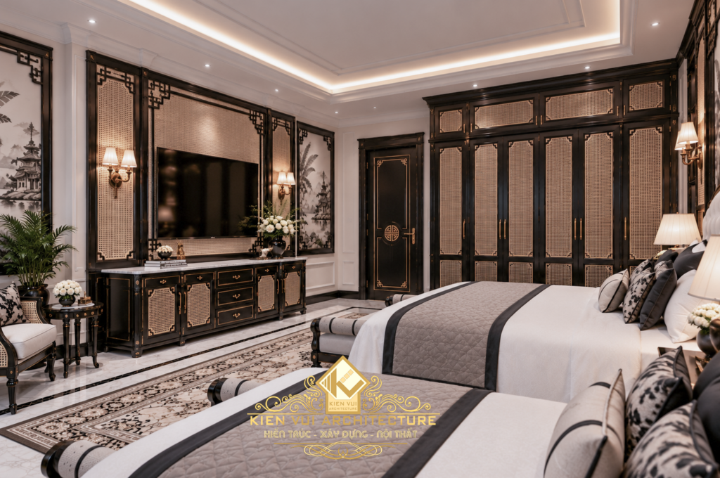 Phòng ngủ biệt thự với giường lớn và hệ tủ trưng bày có đèn chiếu sáng