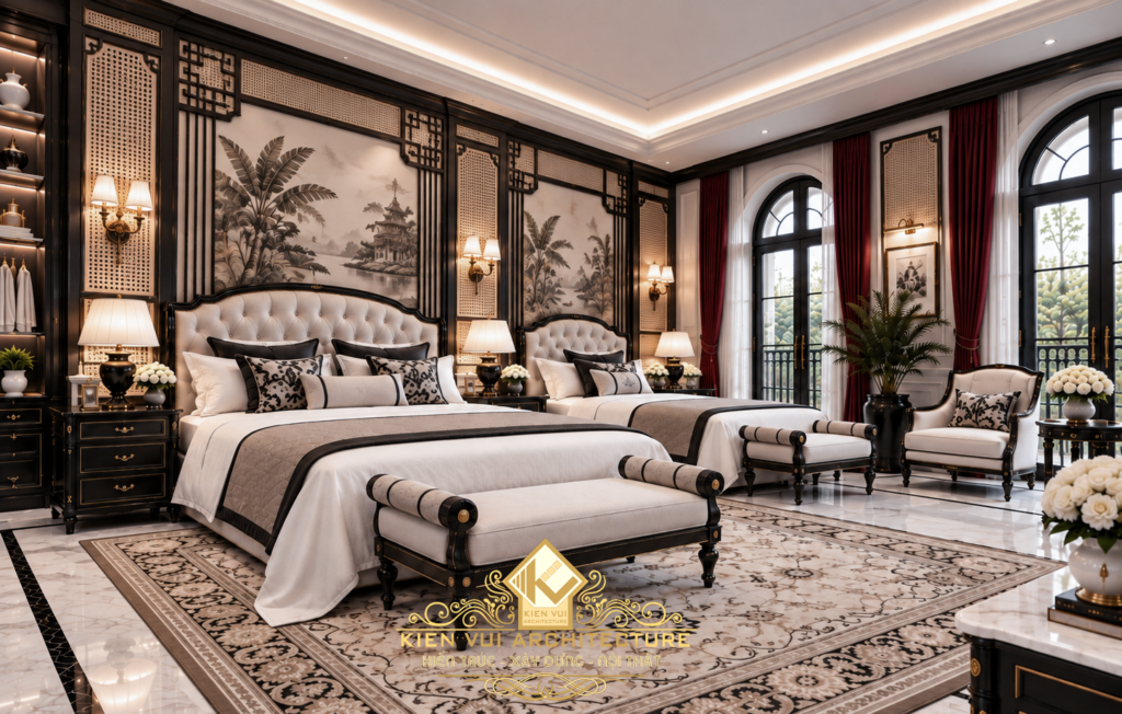 Phương án phòng ngủ hai giường với đầu giường sáng màu và cửa vòm lớn