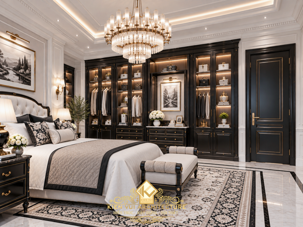 Phòng ngủ biệt thự với giường lớn và hệ tủ trưng bày có đèn chiếu sáng