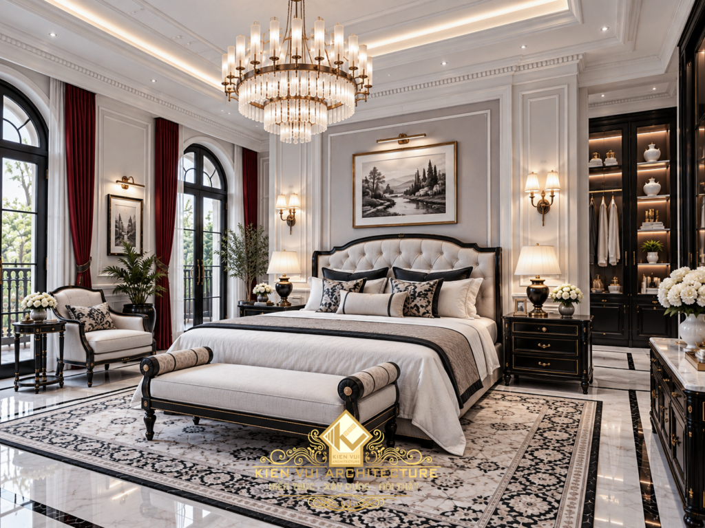 Giường ngủ sáng màu bên cửa vòm trong phòng ngủ có đèn chùm và tủ trưng bày