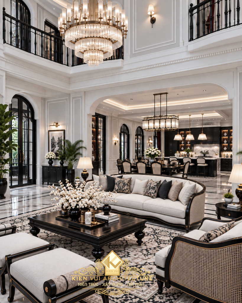 Phòng khách thông tầng với sofa sáng màu, đèn chùm và mảng trang trí cao
