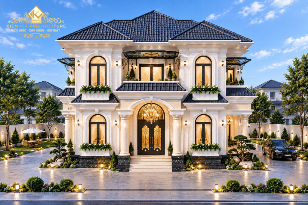 Thiết kế biệt thự 2 tầng mái Nhật tân cổ điển nhìn chính diện với ban công và cửa vòm