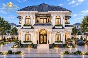 Thiết kế biệt thự 2 tầng mái Nhật tân cổ điển nhìn chính diện với ban công và cửa vòm