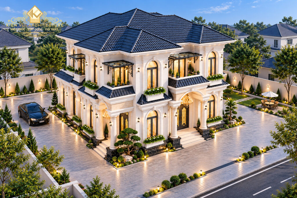 Thiết kế biệt thự 2 tầng mái Nhật nhìn từ trên cao với sân vườn và lối vào