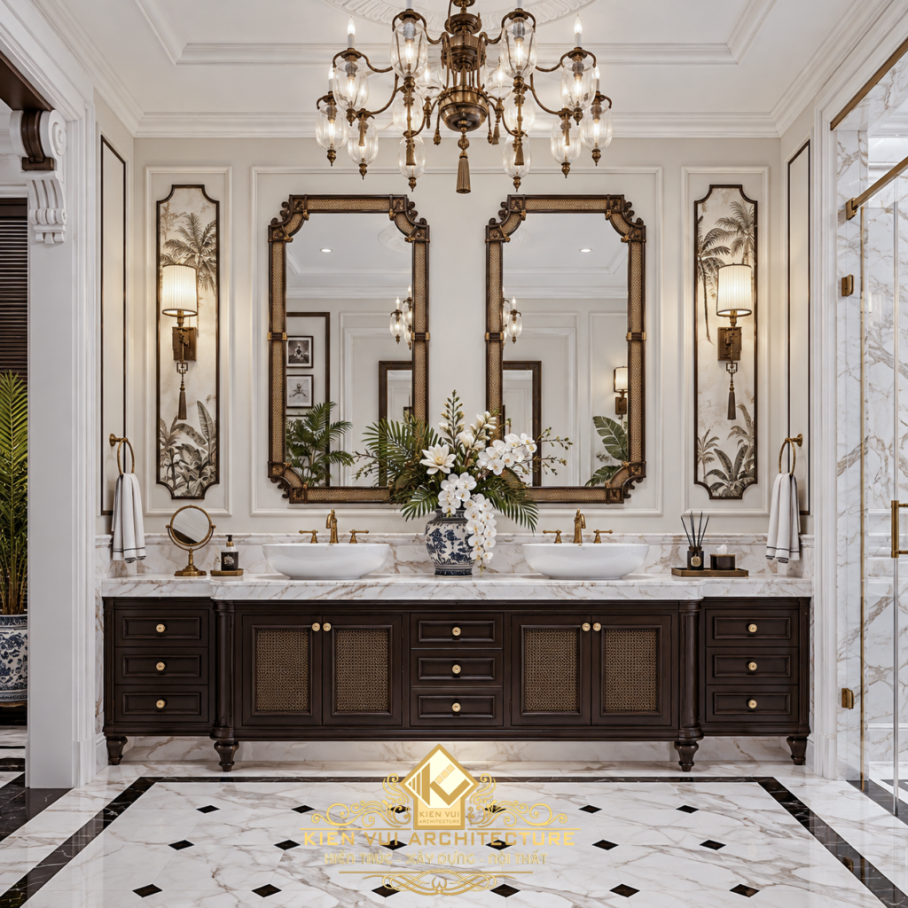 Khu lavabo đôi với hai gương khung kim loại và tủ thấp màu tối trong phòng tắm