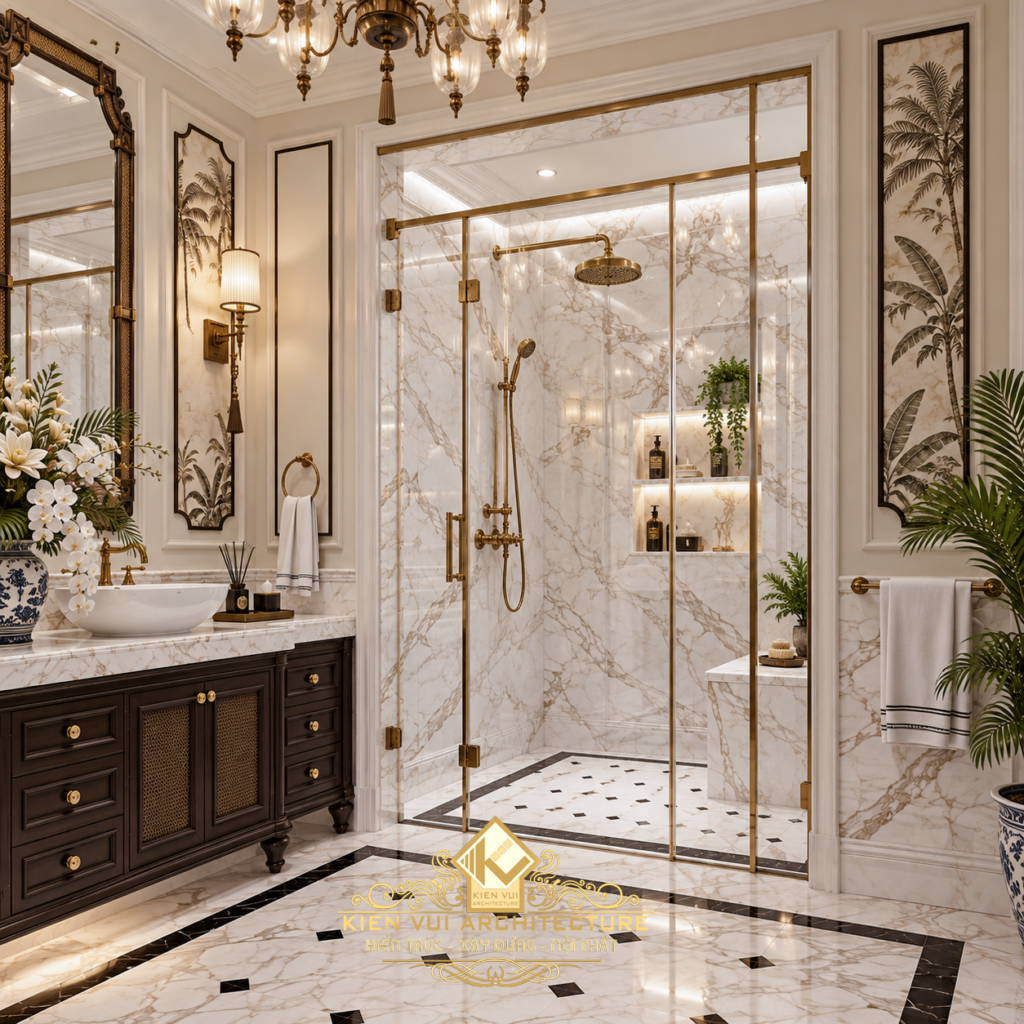 Góc nhìn phòng tắm thể hiện tủ lavabo, gương và khu tắm ngăn bằng kính