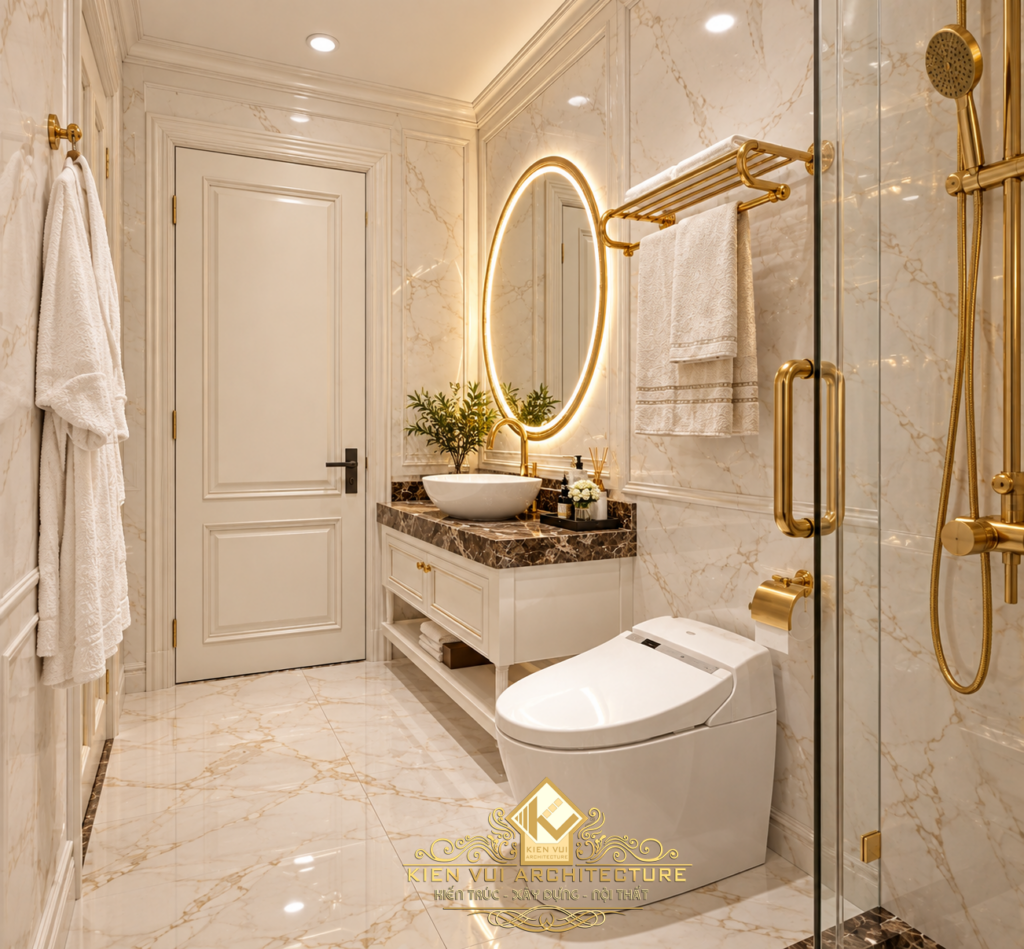 Phòng tắm tông sáng với lavabo, gương tròn và bồn cầu